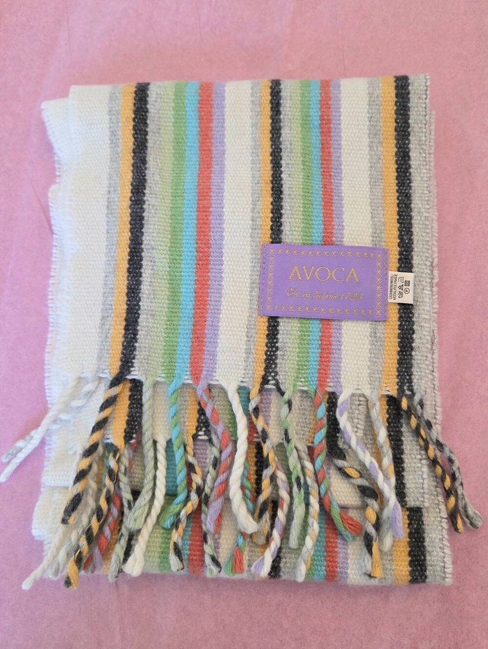 Avoca Cashmere Wool Striped Colorful Scarf Irish Heritage 67x7 Made in Ireland